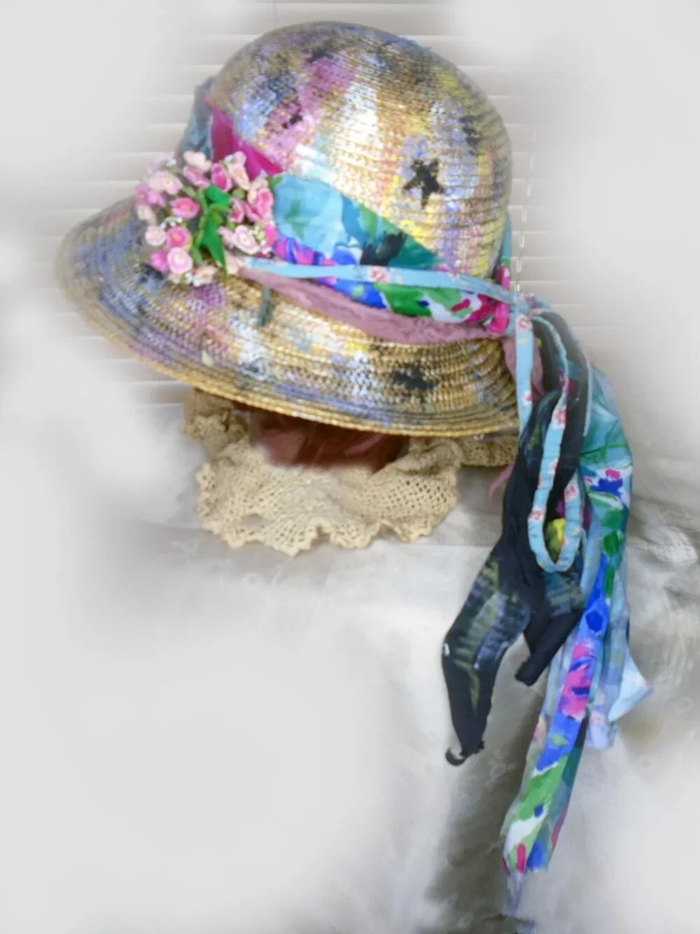 Unique Straw Hat is Upcycled OOAK, Hobo Chic Bohemian Poverty Core + HAT BOX - Picture 8 of 9